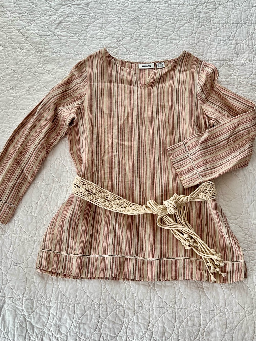 Units Linen Striped Belted Tunic in Red, Brown & Cream Boho Chic 70s Hippie Fun
